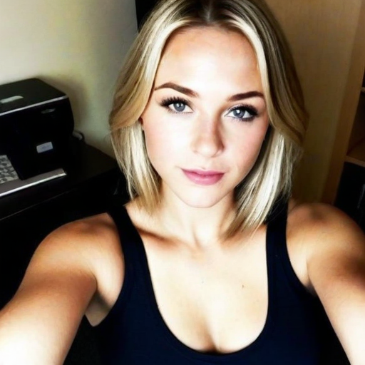 Stylish indoor selfie of a confident blonde woman in a black tank top with soft natural lighting for a modern beauty portrait