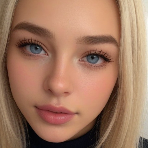 Close-up Photorealistic Portrait of a Woman with Blonde Hair, Blue Eyes, Natural Makeup, Soft Lighting, Serene Expression, and Flawless Skin