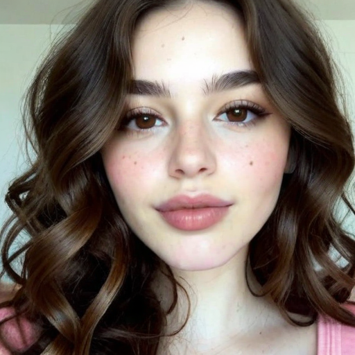 Close-up photograph of a woman with voluminous wavy brown hair, natural makeup, warm lighting, and soft skin texture creating a serene and elegant portrait