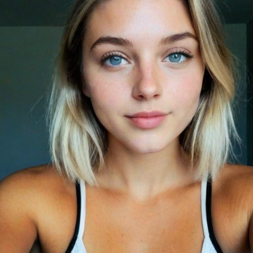 Close-up portrait of a young woman with blonde bob hair, striking blue eyes, and natural skin tone in soft natural light, showcasing photorealistic detail and a serene mood