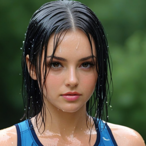 Photorealistic portrait of a woman with wet hair outdoors in greenery featuring moisture droplets natural lighting calm fresh mood and close-up composition