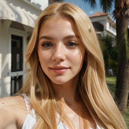 Photorealistic portrait of a young woman with long blonde hair taking a selfie outdoors in natural light, showcasing a bright sunny summer day with clear blue sky and greenery, warm and relaxed mood