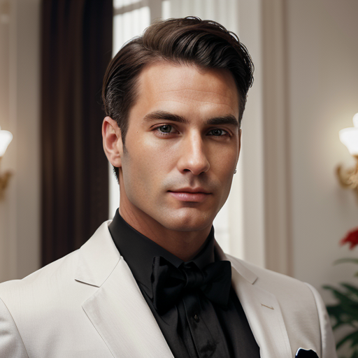 Elegant Photorealistic Portrait of a Man in White Tuxedo with Black Bow Tie | Luxury Interior Background | High-End Fashion Photography