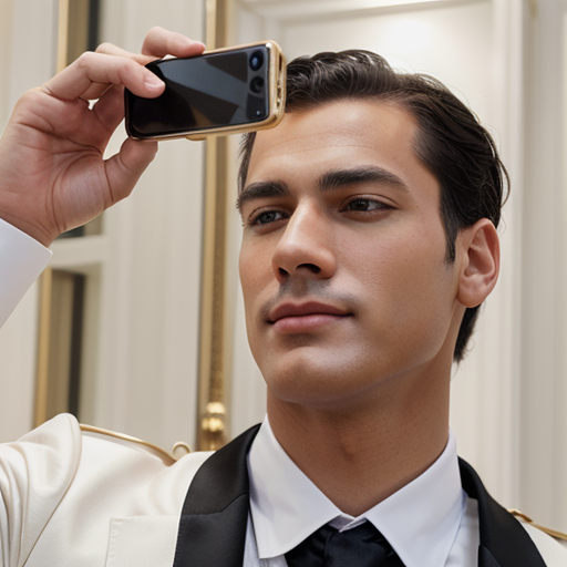 Photorealistic Portrait of a Stylish Young Man in Elegant White and Black Attire Taking a Selfie with a Gold-Edged Smartphone in a Luxury Interior Setting