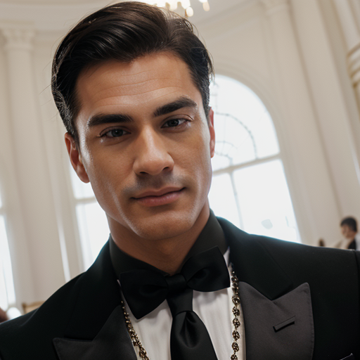 Charming Man in Black Tuxedo Bow Tie Gold Chain Jewelry Portrait Photography Formal Event Evening Attire High Fashion