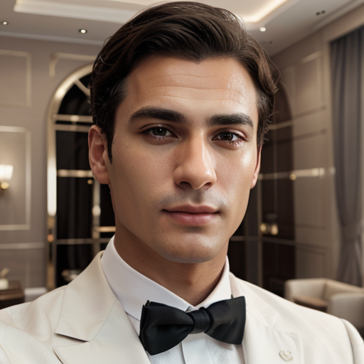 Confident Men's Formal Portrait in White Suit with Black Bow Tie Inside Elegant Luxury Hotel Interior, Photorealistic Photography