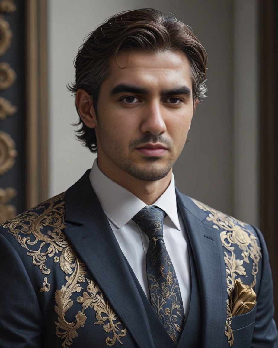 Elegant Formal Portrait of a Confident Man Wearing Navy Blue Suit with Intricate Gold Embroidery and Matching Tie, Studio Photography Lighting for Sophisticated Business Look