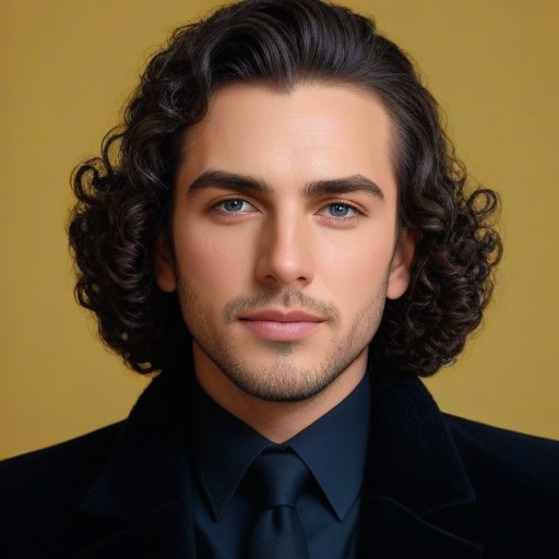 Confident Photorealistic Portrait of a Man with Curly Dark Brown Hair in Navy Suit and Tie on Mustard Yellow Background for Professional Business or Corporate Use