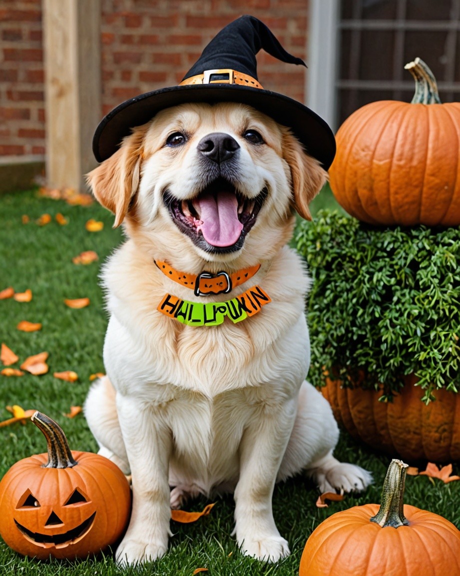 Pumpkin Patch Pup with Witch Hat