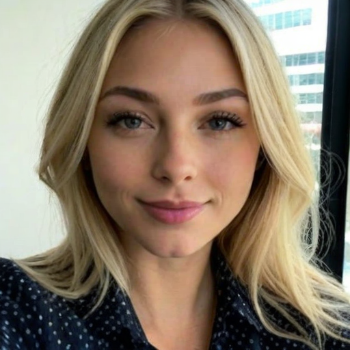 Close-Up Portrait of a Woman with Long Blonde Hair Wearing a Navy Polka Dot Blouse in a Bright Indoor Setting with Natural Light