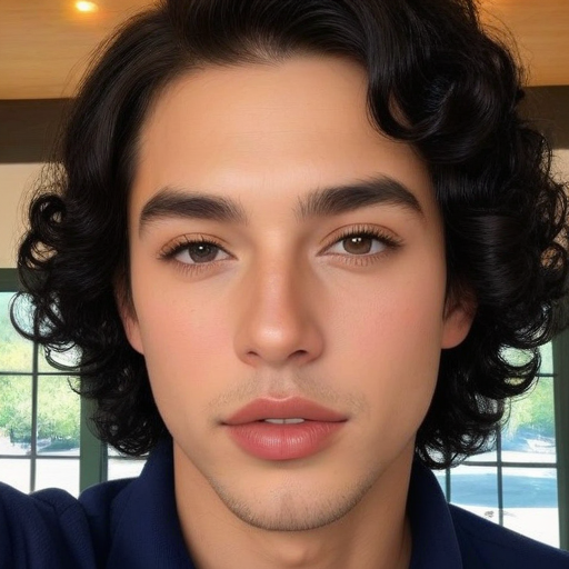 Photorealistic Portrait of a Young Man with Curly Dark Hair in Indoor Setting, Natural Lighting Highlighting Calm Expression and Soft Skin Tone
