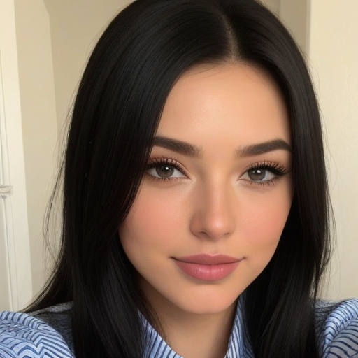 Elegant portrait of a woman with long straight black hair, natural makeup, and soft lighting, showcasing a serene and professional photographic style with detailed facial features and a calm mood