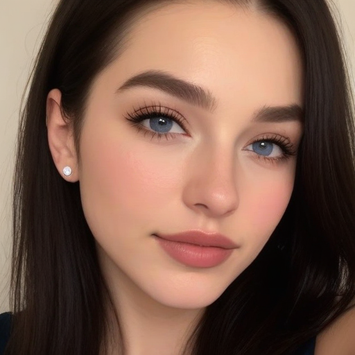 Photorealistic close-up portrait of a woman with blue eyes, long dark hair, soft pink makeup, and minimalist earrings, capturing natural beauty and serene expression