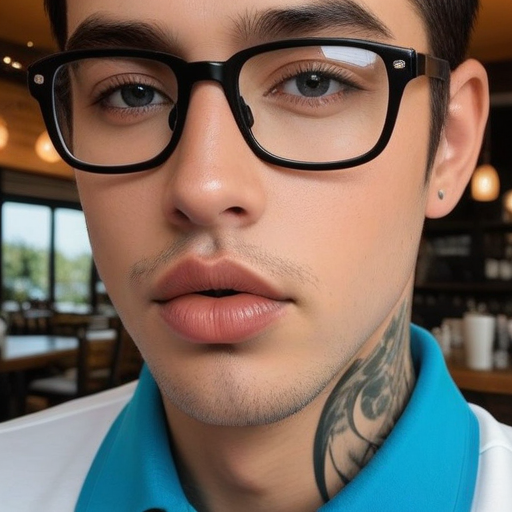 Photorealistic Portrait of a Young Man with Black Glasses, Blue Polo Shirt, Neck Tattoo in Modern Café Setting, Natural Lighting, Confident Expression