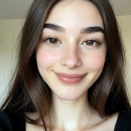 Close-up Portrait of a Woman with Long Brown Hair, Soft Smiling Expression, Warm Natural Lighting, Photorealistic Style, Fresh and Radiant Skin Tone