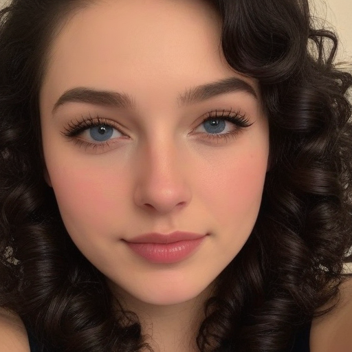 Photorealistic Portrait of a Woman with Curly Brown Hair, Blue Eyes, and Natural Makeup in Soft Lighting, Capturing Confident Expression and Warm Tones