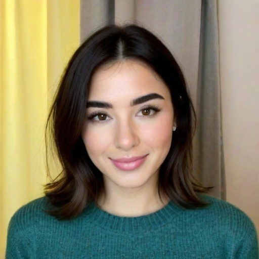 Photorealistic Portrait of a Woman with Long Dark Brown Hair Wearing Teal Sweater in Front of Yellow and Gray Curtain Background, Soft Natural Lighting and Calm Expression