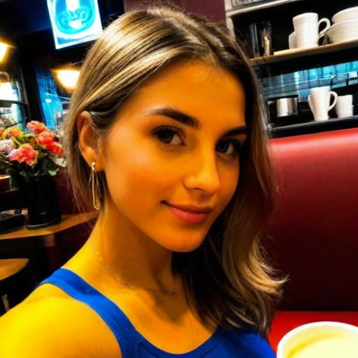Stylish Woman in Blue Top Posed in Warmly Lit Café with Red Booth, Floral Decor, and Cup of Beverage, Photorealistic Portrait Image