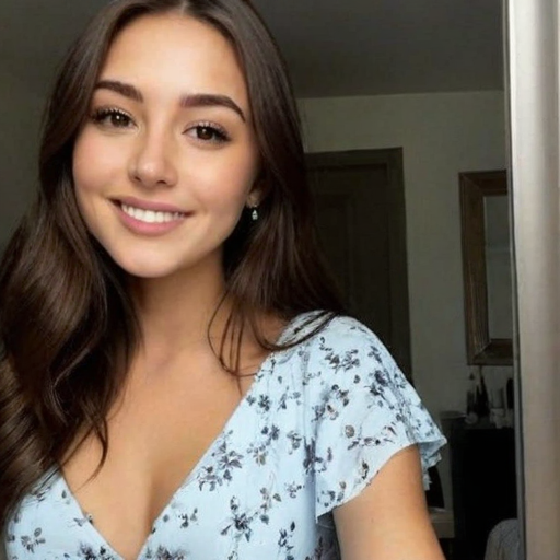 Portrait of a Smiling Young Woman in Light Blue Floral Dress with Long Brown Hair, Soft Indoor Lighting, Natural Makeup, and Confident Expression