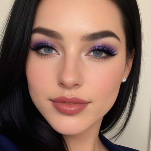 Elegant close-up portrait of a woman with purple eyeshadow, pink blush, and mauve lips in photorealistic makeup artistry