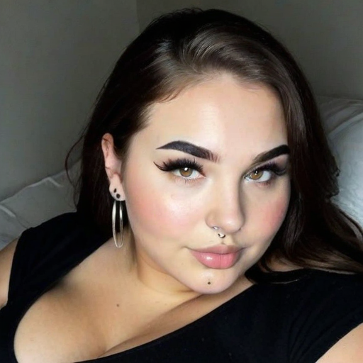 Stylish Portrait of a Woman with Bold Eyeliner and Hoop Earrings Featuring Soft Indoor Lighting, Natural Skin Tones, and a Black Top in a Modern Beauty Shot