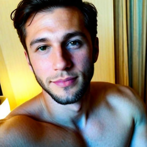 Close-up portrait photograph of a confident young man with short brown hair and green eyes, showcasing natural lighting and warm tones in a cozy indoor setting