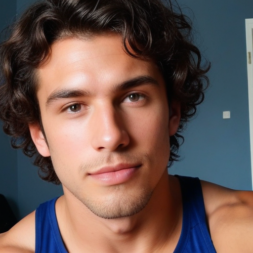 Photorealistic Portrait of a Young Man with Curly Brown Hair in Blue Tank Top Against Light Blue Background, Confident Mood, Soft Lighting and Detailed Skin Texture