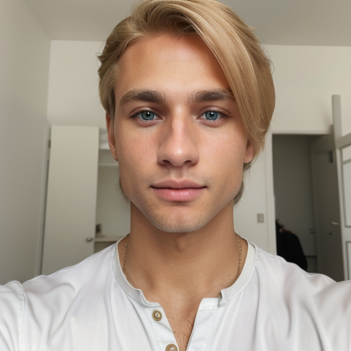 Portrait of a young man with blonde hair and blue eyes wearing a white shirt in a bright indoor photograph