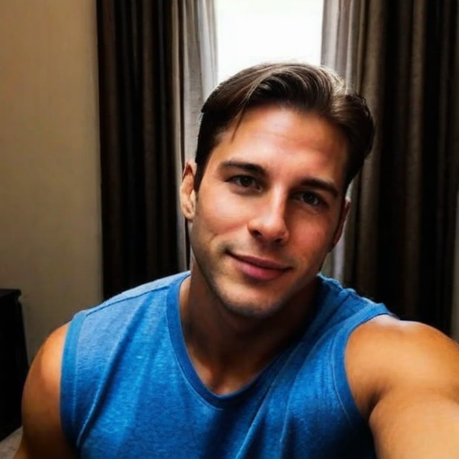 Handsome man in blue sleeveless shirt posing confidently in indoor setting with natural light streaming through curtains, showcasing muscular physique and stylish short hair, warm and approachable mood