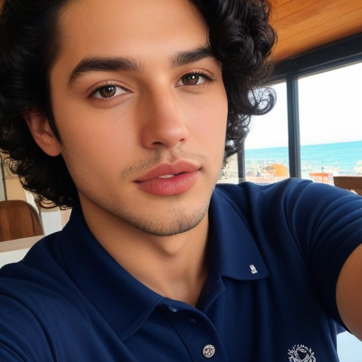 Photorealistic Portrait of a Man with Curly Hair Wearing Navy Blue Polo Shirt by the Seaside, Coastal Background, Warm Lighting, Casual Stylish Look, Summer Vibes Photography