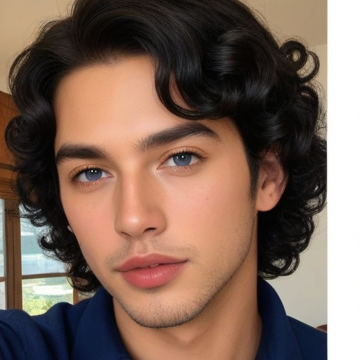 Photorealistic portrait of a stylish young man with voluminous curly dark hair, striking blue eyes, and confident expression in a casual indoor setting