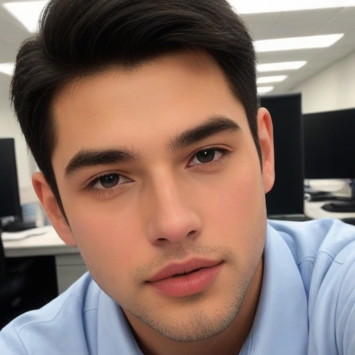 Photorealistic Portrait of a Young Man in Light Blue Shirt Against Modern Office Background with Natural Lighting and Professional Composition