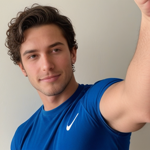Portrait of a Young Man with Curly Brown Hair Wearing a Blue Nike T-Shirt in a Casual Self-Portrait Pose, Soft Lighting, Neutral Background, Confident and Approachable Mood, Photorealistic Photography