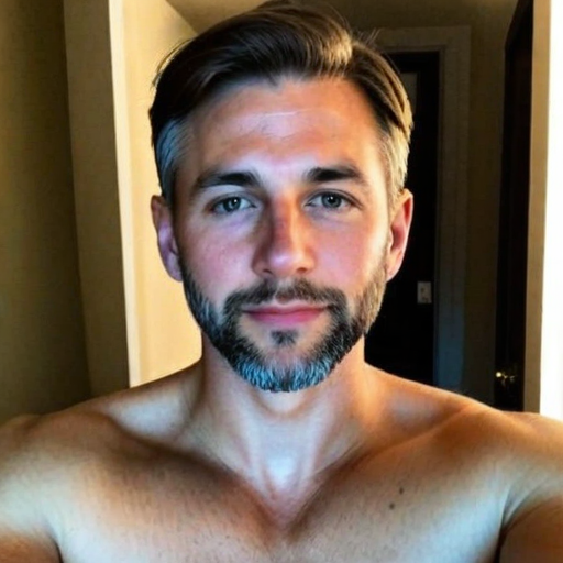 Close-up portrait of a fit young man with neatly styled hair and a well-groomed beard, showcasing a clean-shaven chest and natural lighting in a modern indoor setting