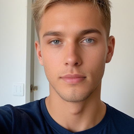 Close-up portrait of a young man with blonde hair, blue eyes, and a navy blue shirt, natural lighting, clean background, serene mood, professional photography style