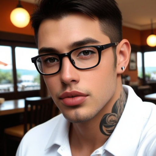 Photorealistic Portrait of a Stylish Man with Glasses and Tattoo in a Cozy Café Setting, Featuring Warm Lighting and Modern Fashion