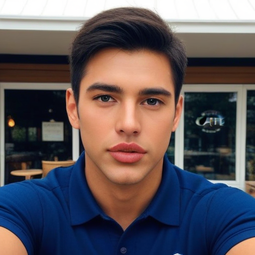 Photorealistic Portrait of a Young Man in Blue Polo Shirt at Café Exterior, Natural Light, Confident Expression, Urban Setting
