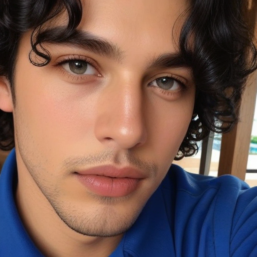 Close-up portrait of a young man with curly dark hair, green eyes, and blue polo shirt in natural light, exuding confident and approachable mood