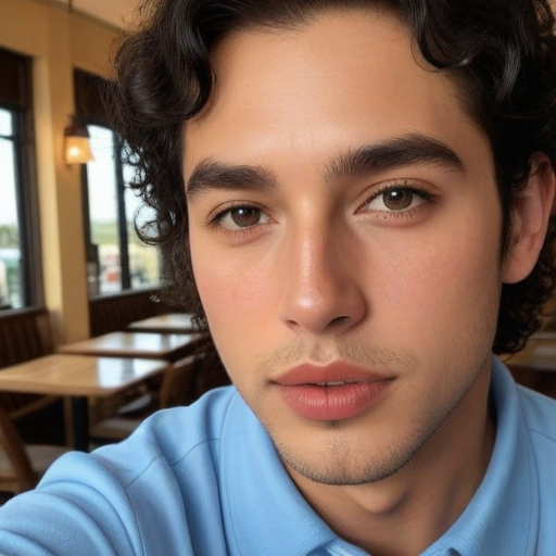 Close-up photograph of a young man with curly dark hair wearing a light blue polo shirt in a cozy restaurant setting with soft natural lighting, warm color tones, relaxed and approachable mood, photorealistic style