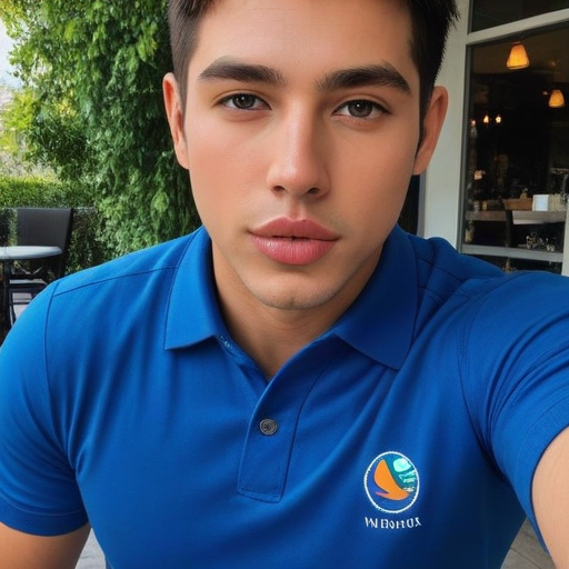 Photorealistic Portrait of a Young Man in Blue Polo Shirt with Logo, Outdoor Café Setting, Confident Expression, Vibrant Colors, Natural Lighting, Fashion-Forward Style
