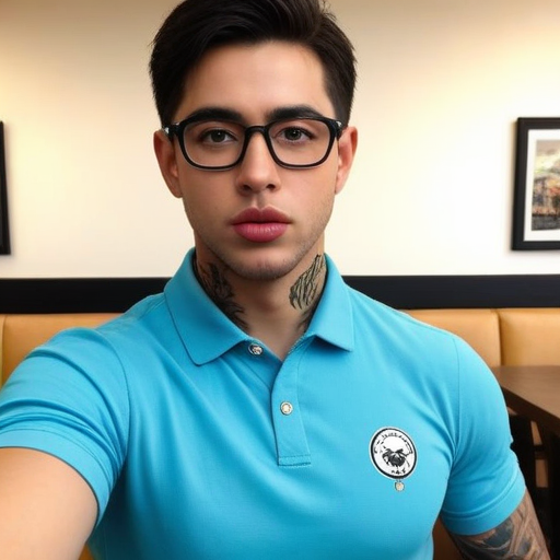 Photorealistic Portrait of a Young Man in Blue Polo Shirt with Neck and Arm Tattoos Inside a Café Setting, Modern Casual Style, Bright Lighting