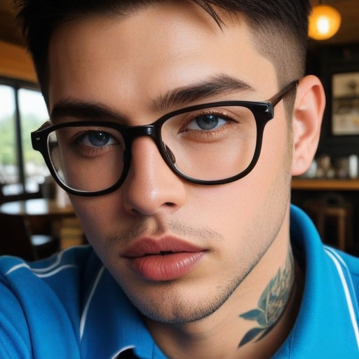 Close-up photorealistic portrait of a young man wearing black glasses, blue polo shirt, and showing a floral neck tattoo in a cozy café setting with natural lighting and modern casual style