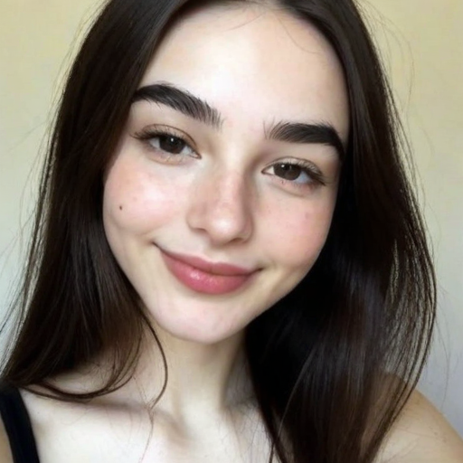 Close-up photograph of a smiling woman with long dark brown hair, natural makeup, and soft daylight lighting creating a warm and approachable mood