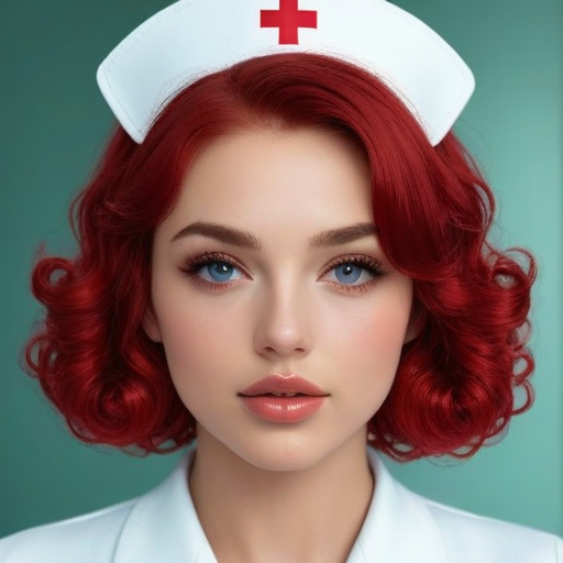 Photorealistic Portrait of a Red-Haired Nurse with Blue Eyes in White Uniform Against Teal Background for Healthcare and Medical Theme
