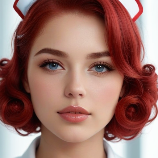 Photorealistic Portrait of Red-Haired Woman in Nurse Uniform with Blue Eyes Soft Makeup Warm Lighting for Nursing Professional Aesthetic