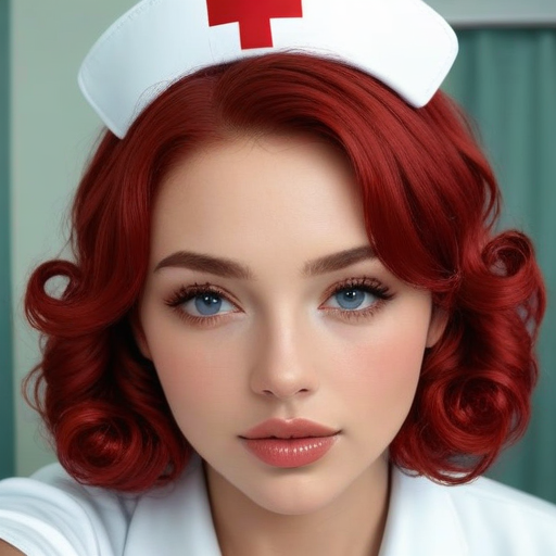Photorealistic Close-Up Portrait of a Beautiful Red-Haired Nurse with Vintage Curly Hair, Blue Eyes, and White Uniform in a Professional Hospital Setting