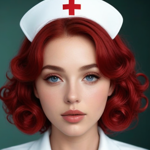 Professional Portrait of a Female Nurse with Vibrant Red Curly Hair in Studio Setting Featuring Clean White Uniform and Calm Confident Expression