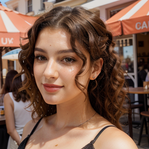 Outdoor portrait of a woman with voluminous curly brown hair and warm makeup in a sunlit café setting featuring orange and white striped umbrellas, natural light, and vibrant colors