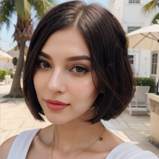 Photorealistic portrait of a woman with short brown bob hairstyle wearing white top in sunny outdoor setting with palm trees and luxury building background