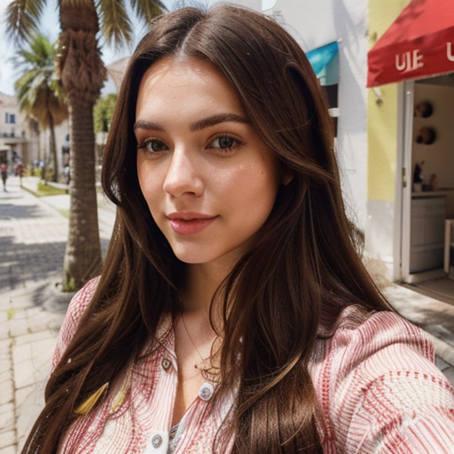 Sunny outdoor portrait of a young woman with long brown hair wearing a pink plaid shirt standing on a pedestrian street lined with palm trees and a café with red awning